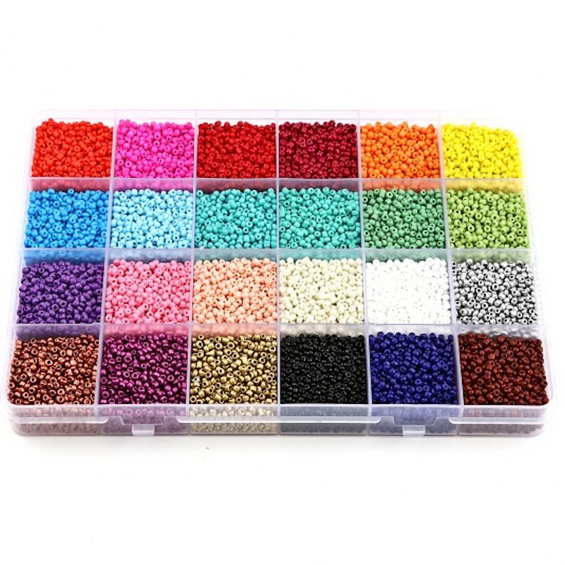 Seed beads sortiment. 2 mm. 24 solide farver. 27.500 stk.